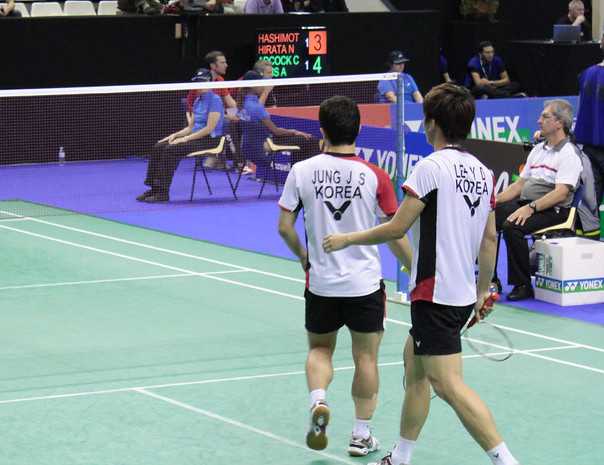 Lee Yong Dae and Jung Jae Sung playing doubles for South Korea